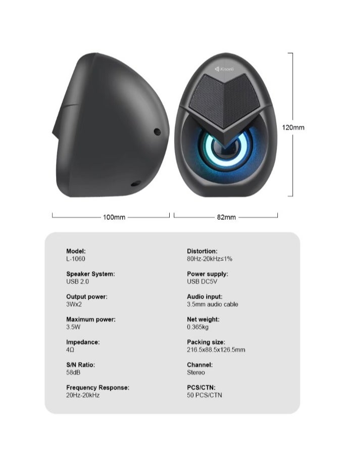 Kisonli - KISONLI 1060 USB + AUX 3.5MM Speaker RGB Speaker for Computer, LAPTOP 3 WATT PER SPEAKER  WITH MODERN ERGONOMIC DESIGN PERFECT FOR YOUR COMPUTER  SETUP - Image 1