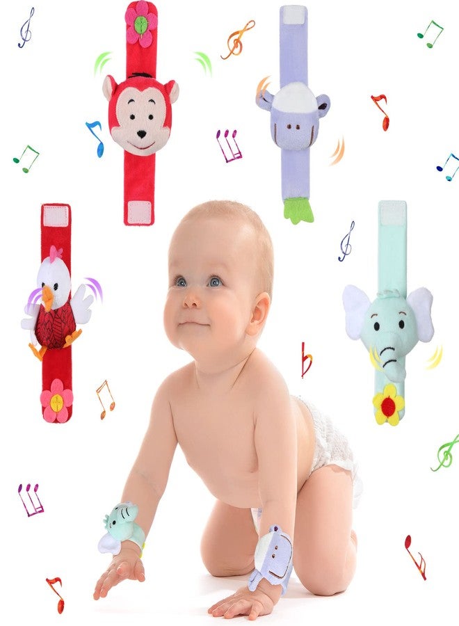 Jerify 4 Pieces Baby Wrist Rattles Animal Pattern Newborn Foot Rattles Toy for 0-12 Months Babies Boy Girl Infant Birthday Gifts Educational Toys, 4 Designs (Sheep, Dog, Chick, Monkey) - Image 1
