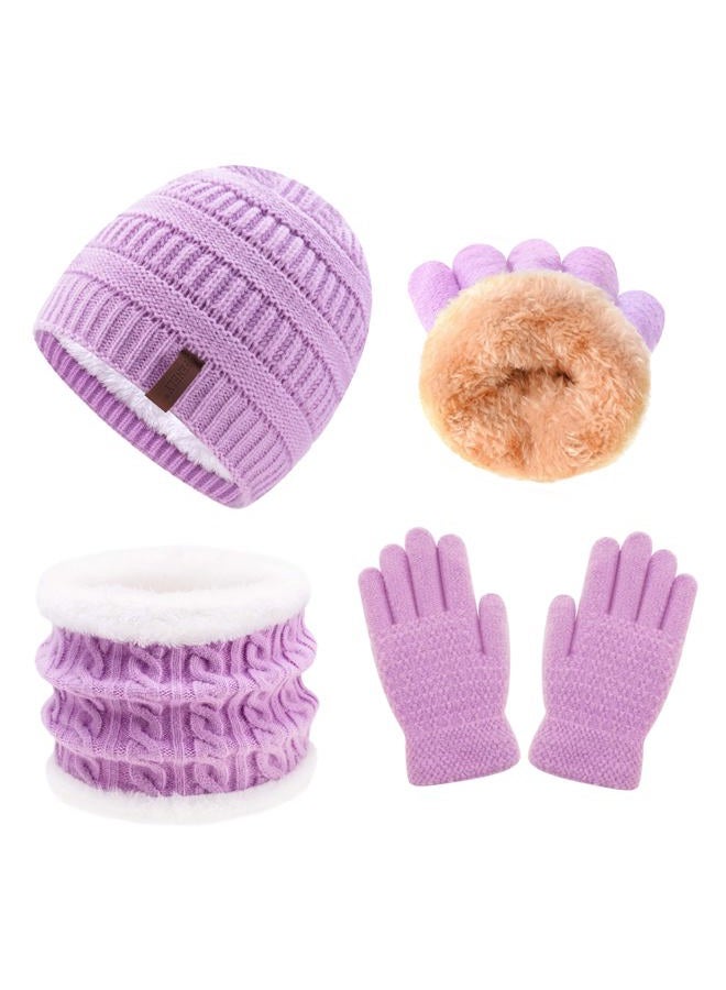 FENELY Kids Scarf and Hat Glove Set for 5-10 Years Old Boys and Girls Purple Winter Warm Fleece Lined Knit Beanie and Infinity Scarf - Image 1