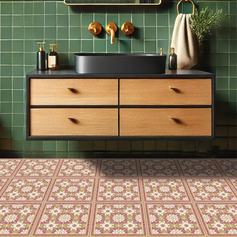 HOMETITUTE 10PCS 12x12 Inch Red and Gold Glitter Flower Pattern Floor Tiles Peel and Stick Removable Self Adhesive DIY Vinyl Flooring Stickers for Kitchen Bathroom Living Room Entryway Home Decor - Image 5