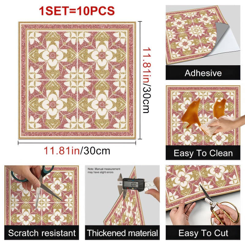 HOMETITUTE 10PCS 12x12 Inch Red and Gold Glitter Flower Pattern Floor Tiles Peel and Stick Removable Self Adhesive DIY Vinyl Flooring Stickers for Kitchen Bathroom Living Room Entryway Home Decor - Image 3