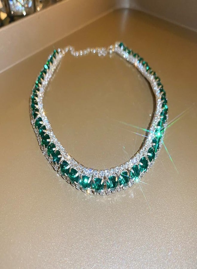 Chargances Green Crystal Bridal Jewelry Set Statement Choker Necklace Rhinestone Wedding Dangle Earrings Set Gift Party Prom Jewelry for Women - Image 5