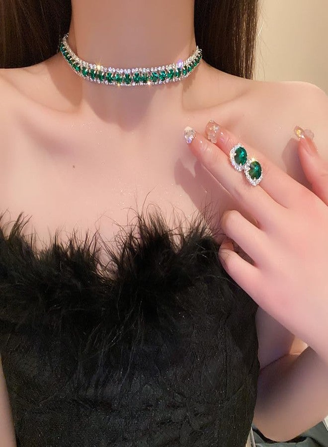 Chargances Green Crystal Bridal Jewelry Set Statement Choker Necklace Rhinestone Wedding Dangle Earrings Set Gift Party Prom Jewelry for Women - Image 2