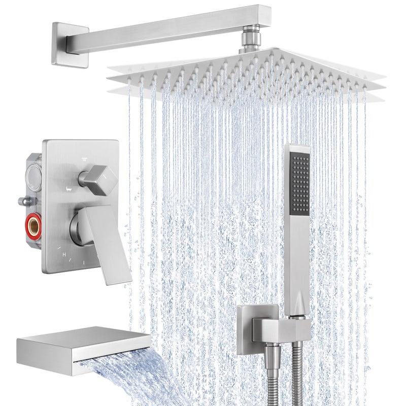 KES Bathtub Shower Faucet Set with Waterfall Tub Spout Shower System 3Function Shower Faucets Sets Complete with 10 Inch Rain Shower Head XB6305F18BN