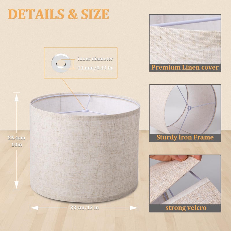 Koorle Lamp Shade for Table Lamps, Drum Lampshade for Floor Lamps, 13" Top X 13" Bottom X 10" High Large Lamp Shade, Beige Modern Fabric Lampshade, Easy Assembly Replacement Lamp Shade Spider Fitter - Image 2