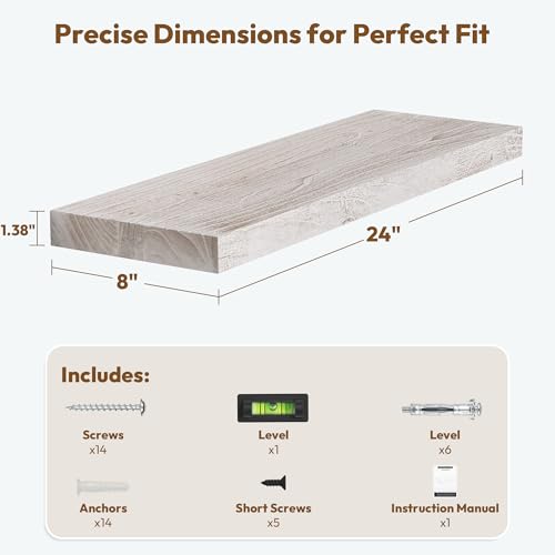 Vivelove Elm Floating Shelves for Wall Solid Wood, 24 Inches Long Rustic Wall Shelf with Invisible Bracket for Living Room Bedroom Bathroom Office, Farmhouse Display Shelf, Set of 2 - Weathered White - Image 2