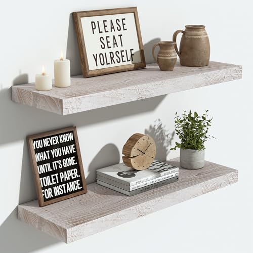 Vivelove Elm Floating Shelves for Wall Solid Wood, 24 Inches Long Rustic Wall Shelf with Invisible Bracket for Living Room Bedroom Bathroom Office, Farmhouse Display Shelf, Set of 2 - Weathered White - Image 1