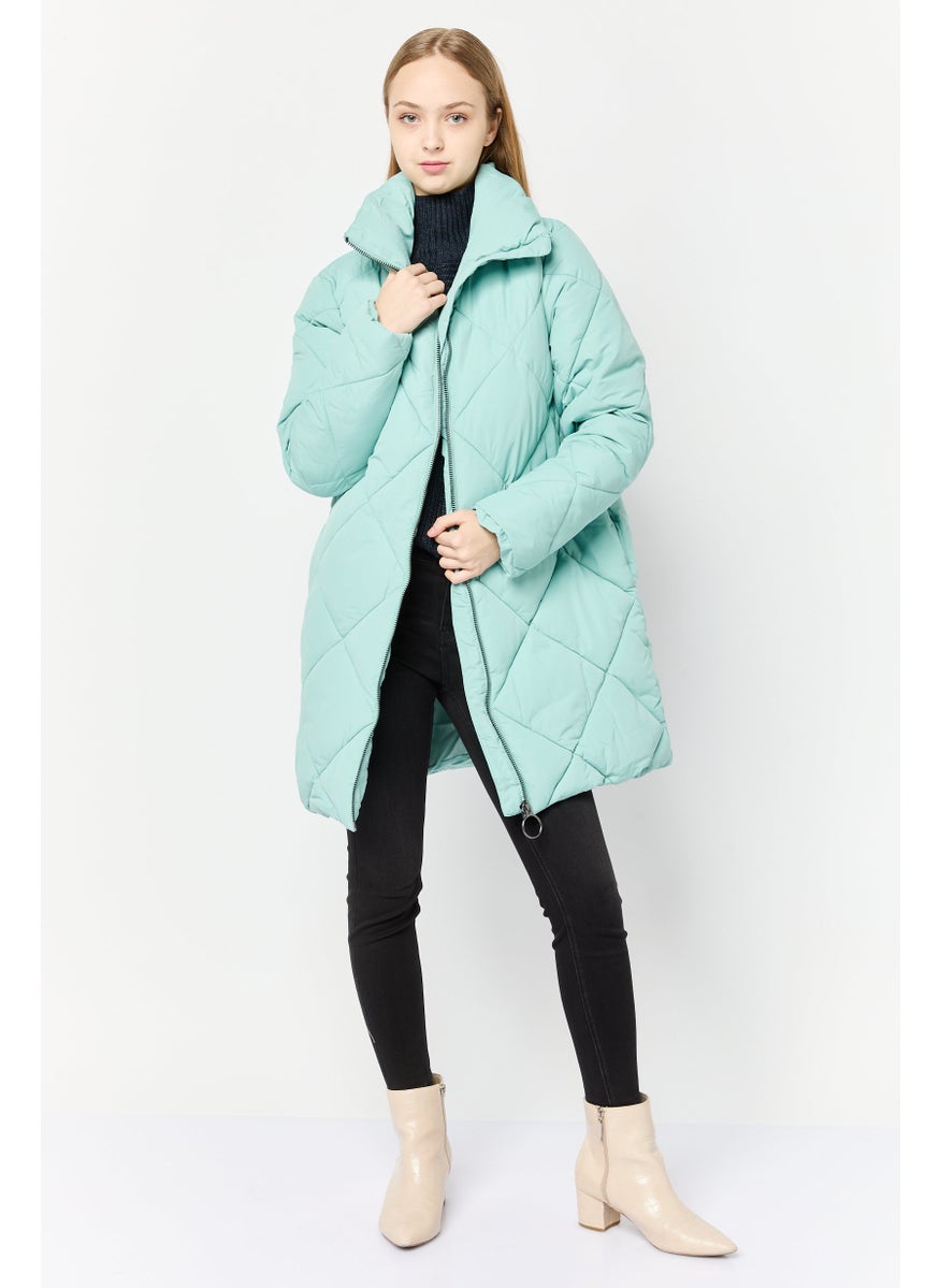 MONKI Women Quilted Long Sleeve Puffer Jacket, Green  - Image 2