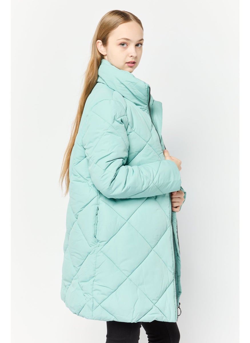 MONKI Women Quilted Long Sleeve Puffer Jacket, Green  - Image 3