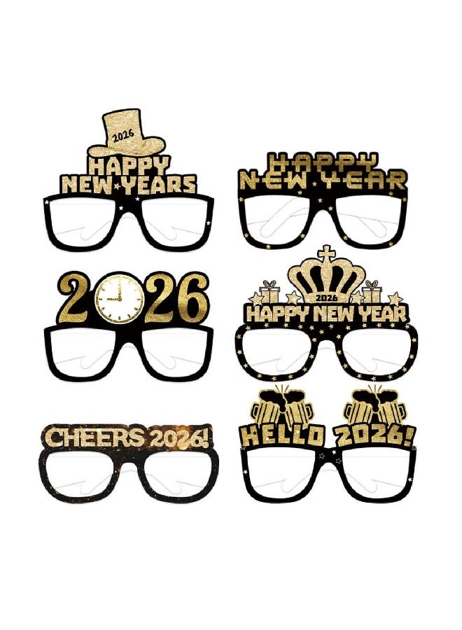 ThePartyPopper 2026 New Year Party Glasses – Pack of 6 Gold & Black Paper Photo Booth Props | Happy New Year Decorations - Image 1