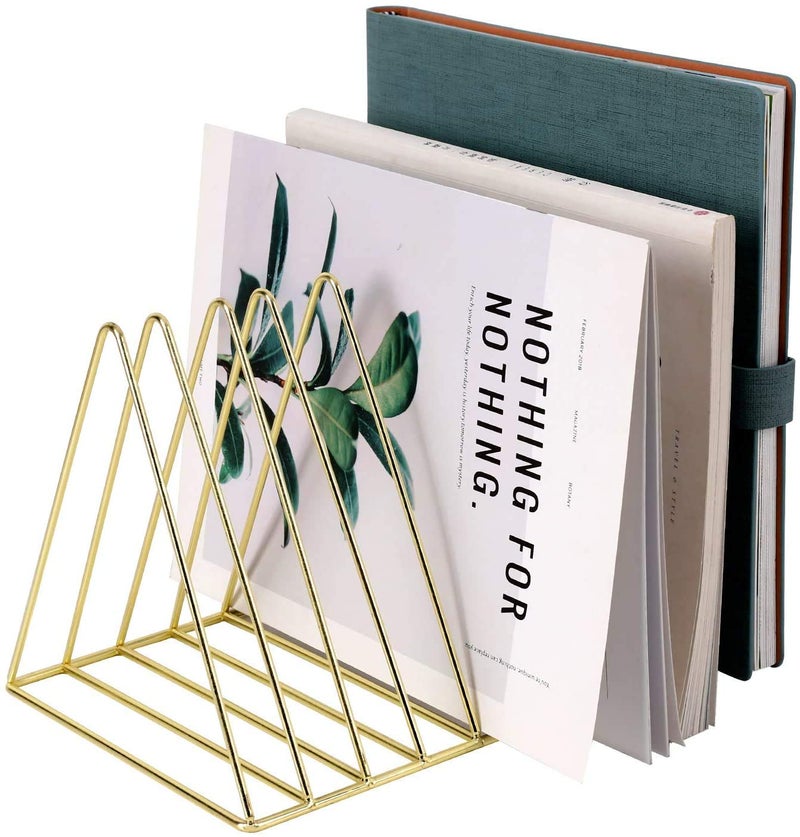 PENGKE File Organizer Triangle Iron Desktop Storage Book Rack Bookshelf Copper Magazine Newspaper Holder Art Desktop Organizer RackGold Pack of 1