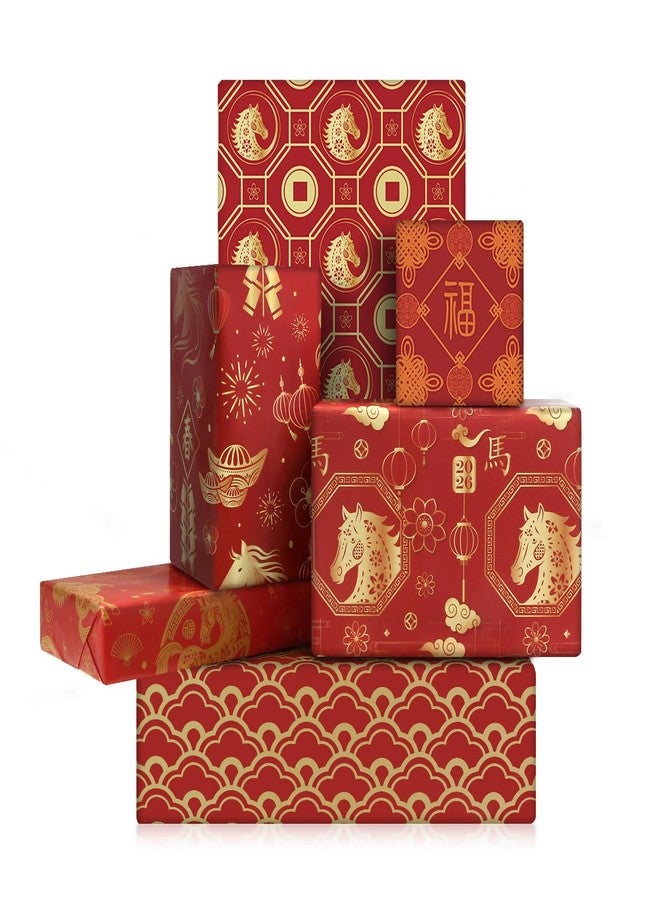 Boerni Chinese New Year Wrapping Paper, 6 Unique Designs Horse Theme - 6 Large Sheets (27x20 inch, Premium Red & Gold Paper for 2026 Year of the Horse, Lunar New Year Gifts - Image 1