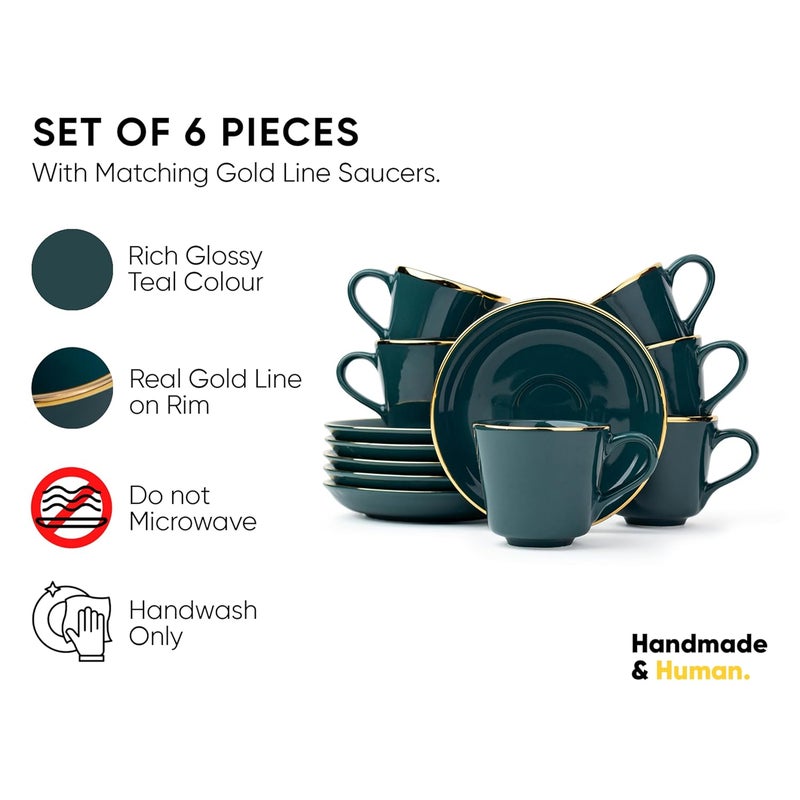 Shay طقم أكواب شاي سيراميك مع saucer مجموعة من 6 أكواب باللون الأخضر الفاتح مع خط ذهبي حقيقي سعة 180 مل مجموعة من 6 أكواب للشاي بلمسة لامعة خط ذهبي حقيقي طقم أكواب مع saucer باللون الأخضر الفاتح وخط ذهبي - Image 2