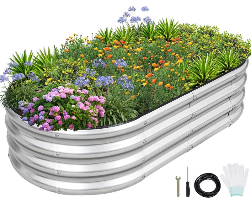 1MORE Galvanized Raised Garden Bed- Planter Garden Boxes Outdoor, Raised Beds for Gardening, 4x2x1ft Metal Garden Bed Kit for Vegetables Flower, Planter Raised Bed with Protective Tape & Tools.Silver - Image 1