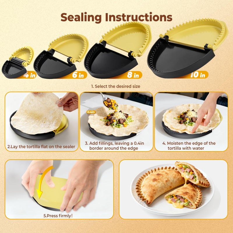 Zenflux 4-in-1 Portable Tortilla Sealer and Crimper - Quesadilla Maker & Empanada Press with 4 Detachable Sizes (4, 6, 8, 10 Inch), Create Sealed Quesadillas, Burritos, Dumplings, Black and Yellow - Image 4