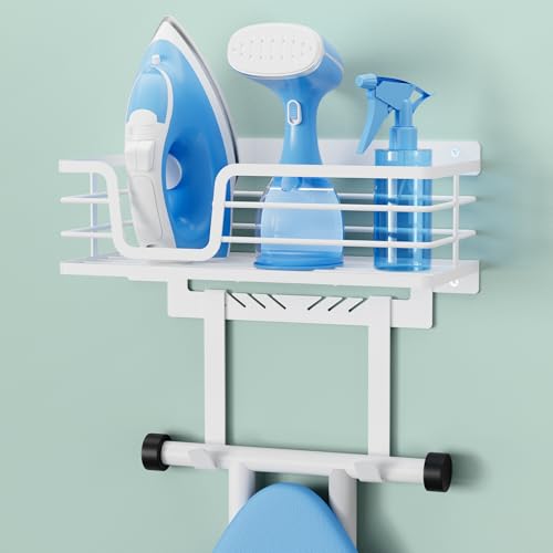 KES 90lb HeavyLoad Ironing Board Hanger Wall Mount OnePiece Metal Frame Ironing Board Holder with TV Shaped Hooks Extra Large Storage Basket No Breaking Sturdy Screws Included White HIR502WH - Image 1
