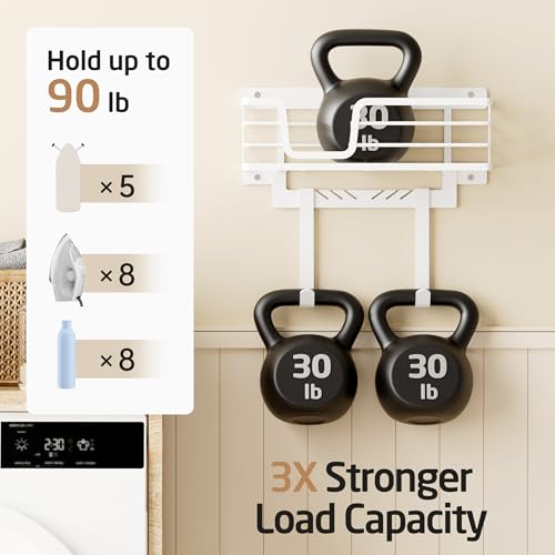 KES 90lb HeavyLoad Ironing Board Hanger Wall Mount OnePiece Metal Frame Ironing Board Holder with TV Shaped Hooks Extra Large Storage Basket No Breaking Sturdy Screws Included White HIR502WH - Image 3
