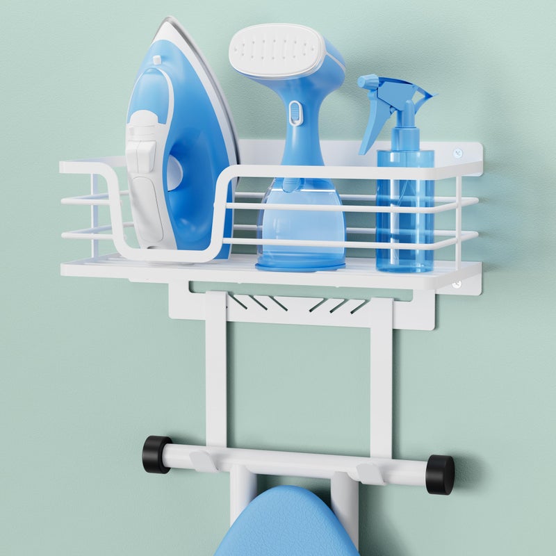 KES 90lb HeavyLoad Ironing Board Hanger Wall Mount OnePiece Metal Frame Ironing Board Holder with TV Shaped Hooks Extra Large Storage Basket No Breaking Sturdy Screws Included White HIR502WH - Image 2