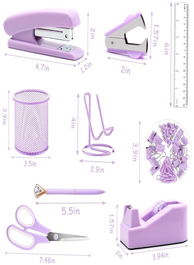 Famassi Purple Office Supplies, Purple Desk Accessories, Stapler, Staple Remover, Tape Holder, Pen Holder, Ballpoint Pen, Scissor, Binder Clips, 1000 Staples, Phone Holder, Ruler, Transparent Glue and Notes - Image 2