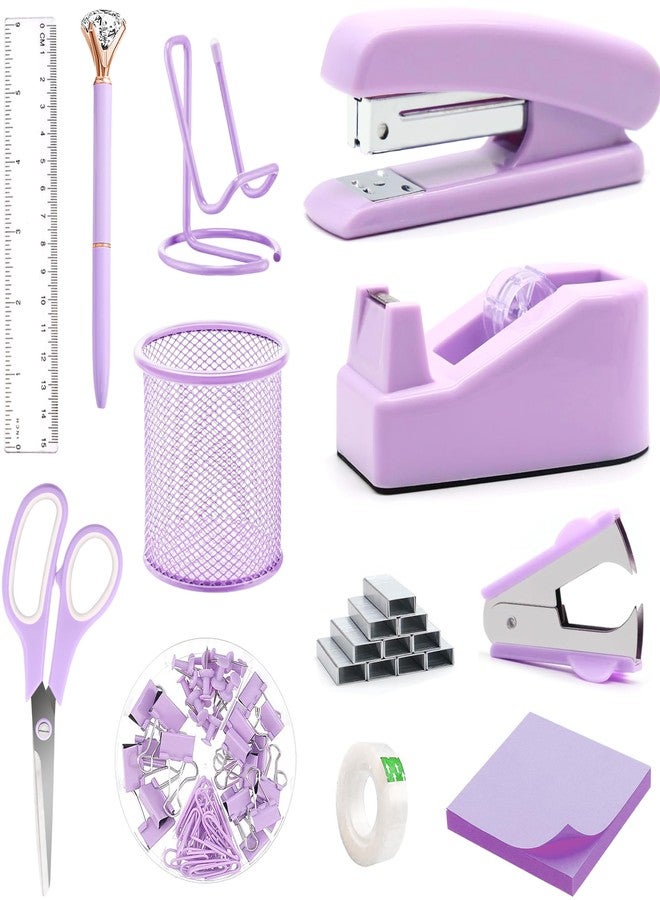 Famassi Purple Office Supplies, Purple Desk Accessories, Stapler, Staple Remover, Tape Holder, Pen Holder, Ballpoint Pen, Scissor, Binder Clips, 1000 Staples, Phone Holder, Ruler, Transparent Glue and Notes - Image 1