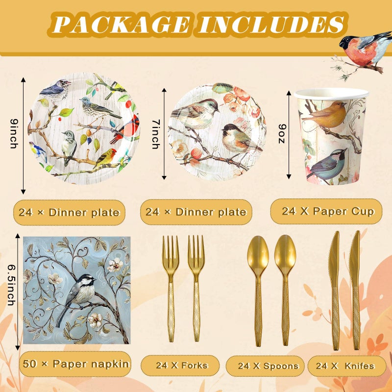 Yoande 194 Pcs Fox Duck Bird Theme Birthday Party Supplies Woodland Animal Face Paper Dessert Plates Knives Forks Spoons Cups Napkins for Kids Girl Boy Baby Shower Tableware Set Serves 24 (Bird) - Image 2