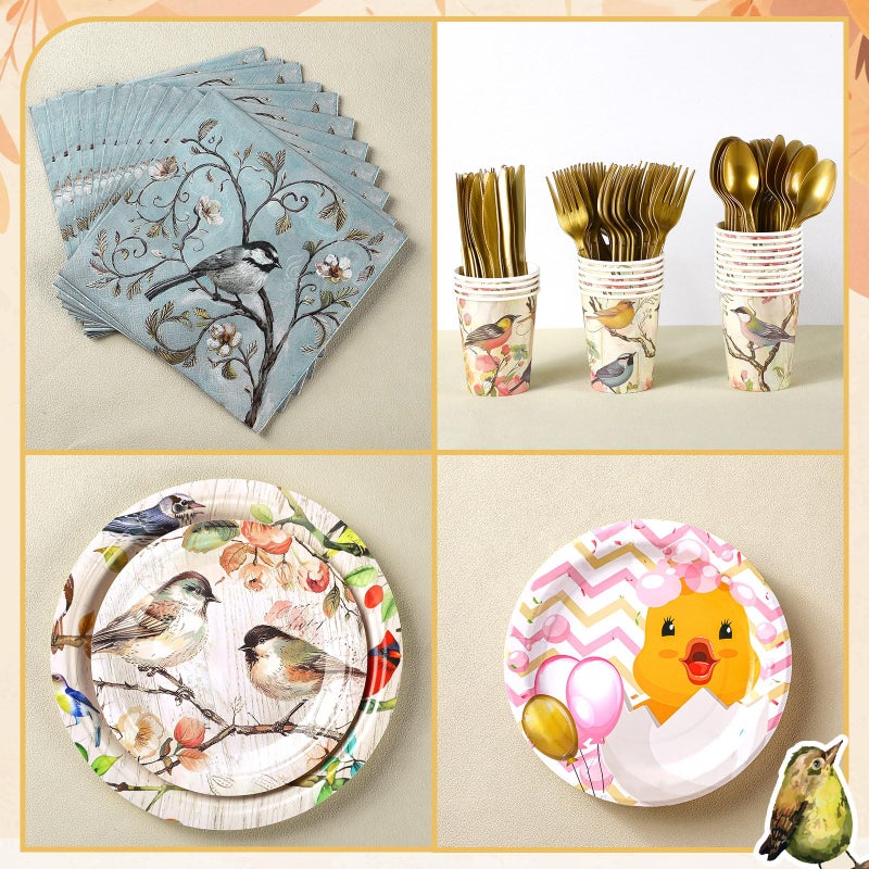 Yoande 194 Pcs Fox Duck Bird Theme Birthday Party Supplies Woodland Animal Face Paper Dessert Plates Knives Forks Spoons Cups Napkins for Kids Girl Boy Baby Shower Tableware Set Serves 24 (Bird) - Image 3