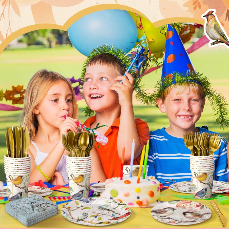 Yoande 194 Pcs Fox Duck Bird Theme Birthday Party Supplies Woodland Animal Face Paper Dessert Plates Knives Forks Spoons Cups Napkins for Kids Girl Boy Baby Shower Tableware Set Serves 24 (Bird) - Image 4
