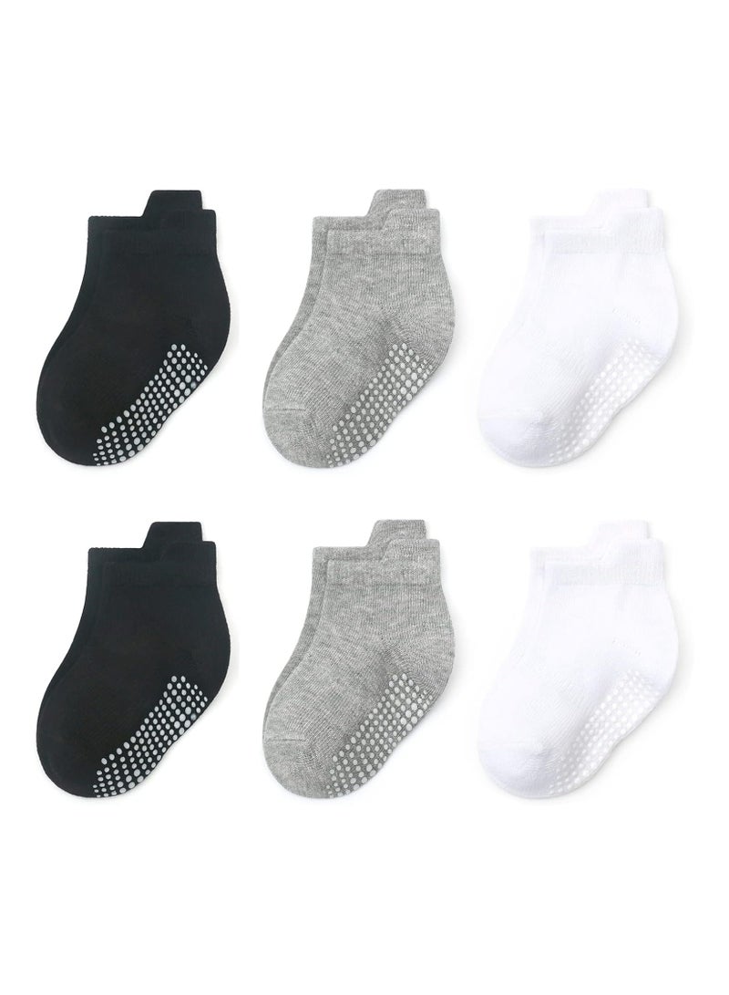 6 Pairs Of Cotton Toddler Non-Slip Cotton Socks - Anti-Skid Baby Crew Ankle Socks for Boys & Girls, Soft & Breathable, grey (0-5 Years) - Image 1