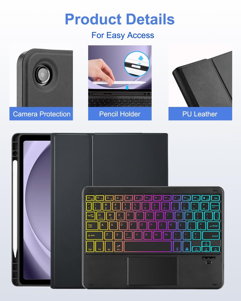 MePadKey Touchpad Keyboard Case for Samsung Galaxy Tab A11 Plus/A9 Plus 2025/2023 11 inch, 7-Color Backlight Type-C Charging Keyboard with Pencil Holder Cover Fit Tablet A11+/A9+ (Black) - Image 3