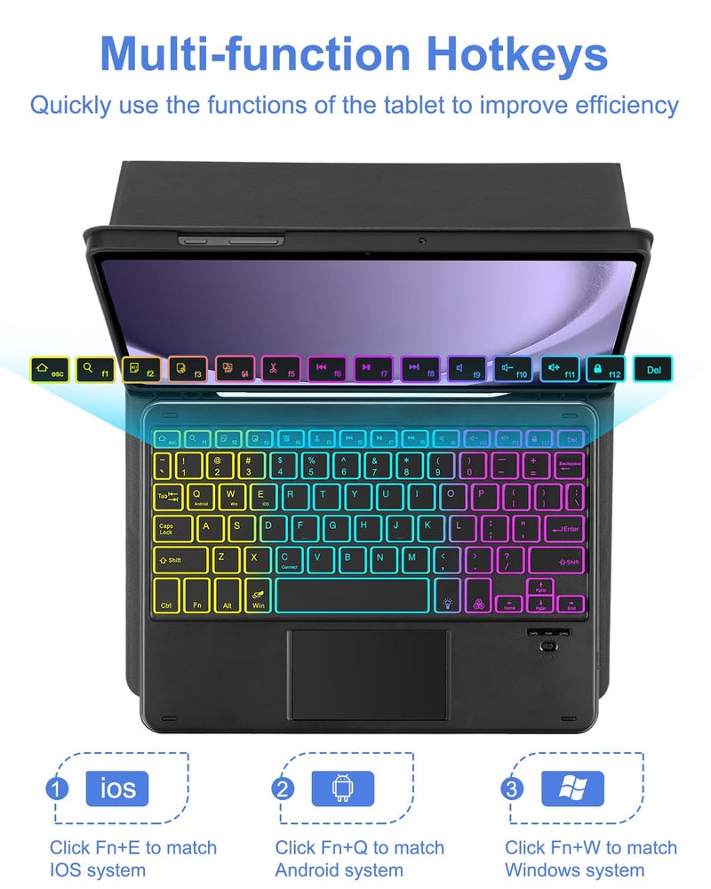 MePadKey Touchpad Keyboard Case for Samsung Galaxy Tab A11 Plus/A9 Plus 2025/2023 11 inch, 7-Color Backlight Type-C Charging Keyboard with Pencil Holder Cover Fit Tablet A11+/A9+ (Black) - Image 4
