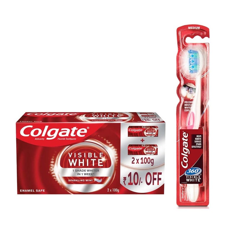 Colgate معجون أسنان كولجيت فيزبل وايت - 200 جرام مع فرشاة أسنان فيزبل وايت 360 - Image 1