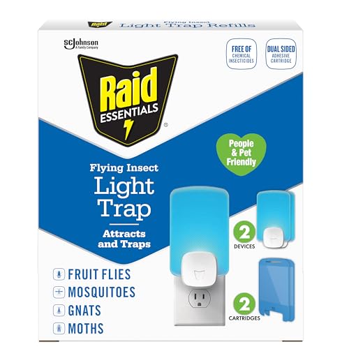 Raid Essentials Flying Insect Light Trap Starter Kit, 2 Plug-In Devices + 2 Cartridges, Featuring Light Powered Attraction - Image 1