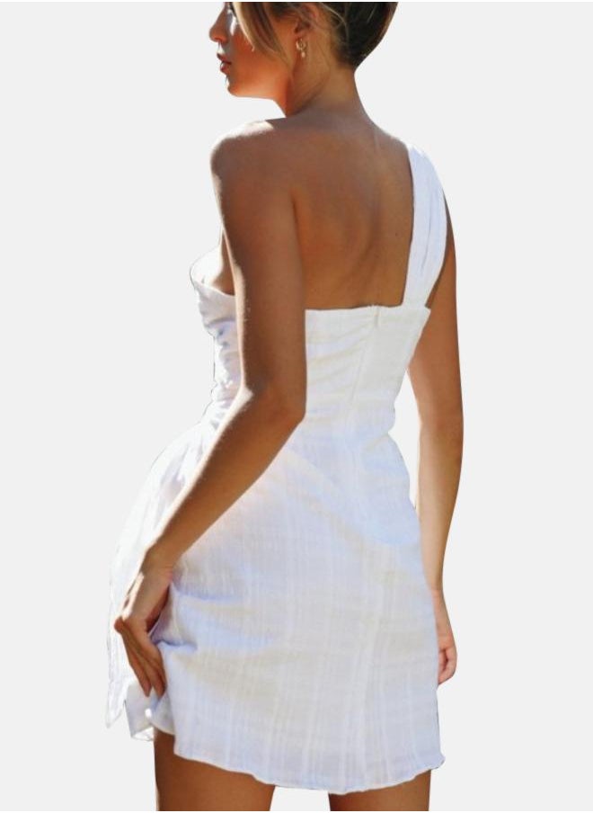 YUNIQEE - Women One Shoulder Tie-Ups Detail Cotton Fit and Flare Mini Dress - Image 1