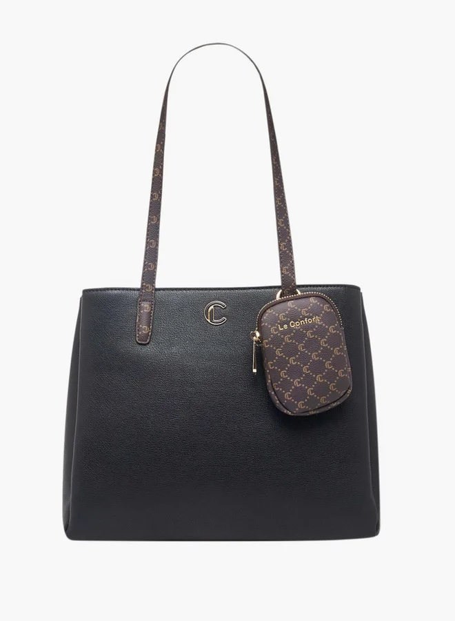 Le Confort Women Monogram Textured Tote Bag with Zip Closure and Pouch