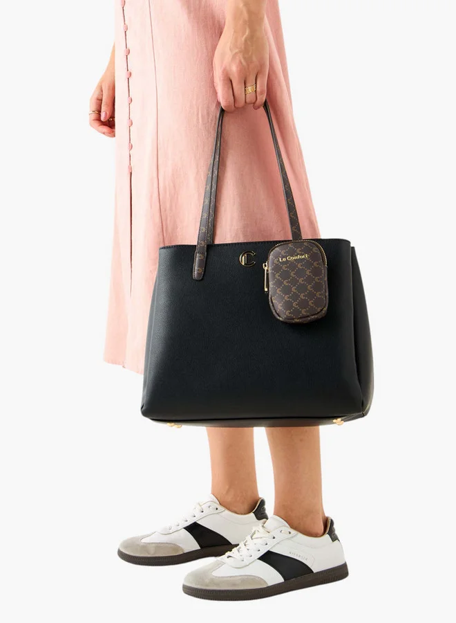 Le Confort Women Monogram Textured Tote Bag with Zip Closure and Pouch