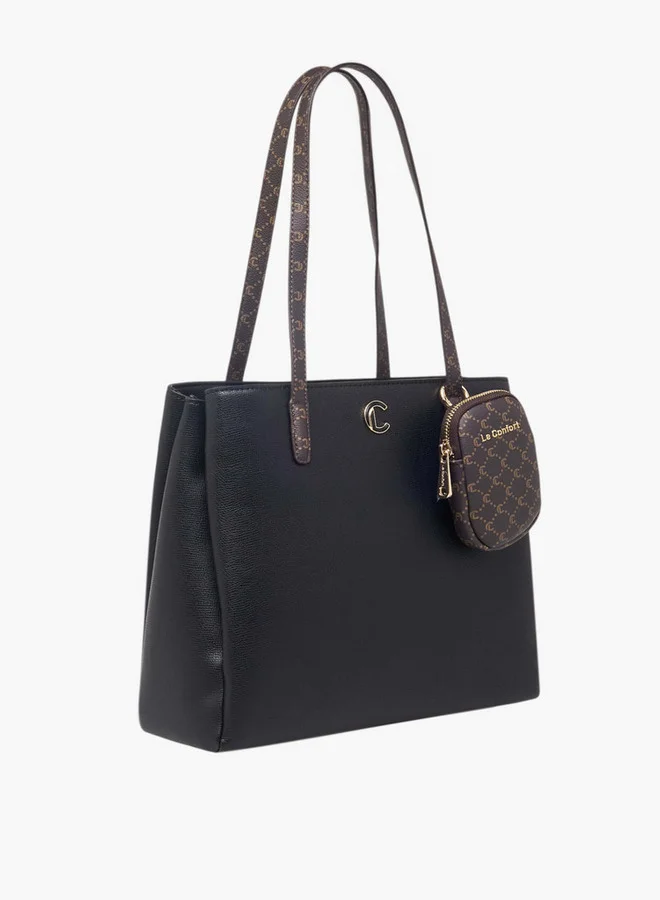 Le Confort Women Monogram Textured Tote Bag with Zip Closure and Pouch