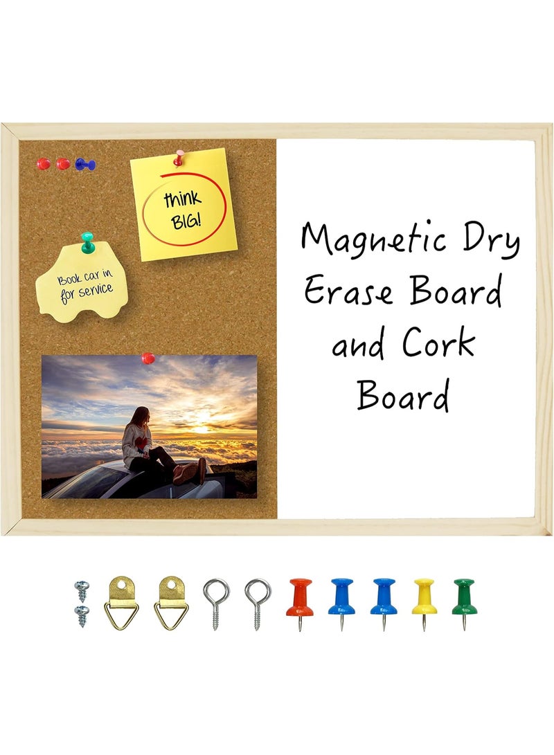 HI-FINE Dry Erase Cork Board 23.6"x15.7", Notice Pin Board, Memo Board, Vision Board, Bulletin Board for Office, Classroom or Home, Mounting Hardware and Push Pins Included, Wooden Frame - Image 1