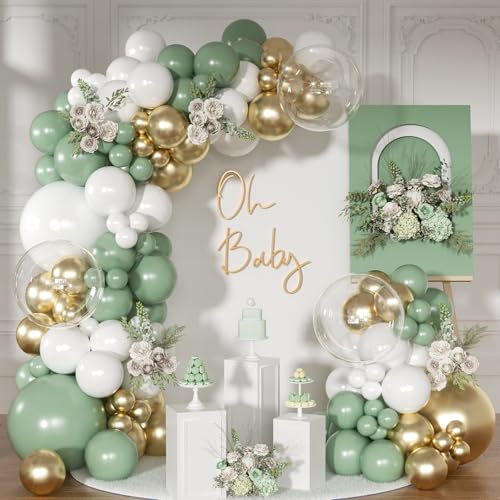 NUTTYBASH Sage Green Balloon Arch Kit 126 Pcs Neutral Green and White Metallic Gold Balloon Arch Garland Kit for Wedding Birthday Baby Shower Gender Reveal Bridal Decorations - Image 1