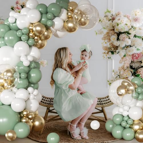 NUTTYBASH Sage Green Balloon Arch Kit 126 Pcs Neutral Green and White Metallic Gold Balloon Arch Garland Kit for Wedding Birthday Baby Shower Gender Reveal Bridal Decorations - Image 5