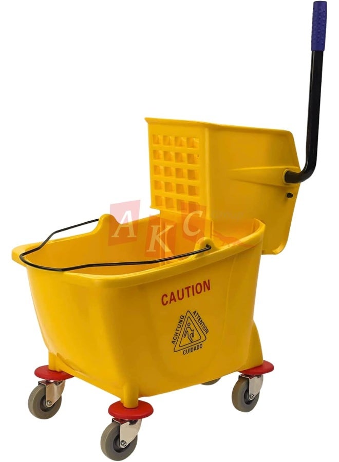 AKC Mop Bucket with Deluxe Wringer | 32 Liter Yellow Mop Wringer Trolley with Side Press & Wheels – Heavy-Duty Plastic Bucket for Commercial, Industrial & Home Cleaning | Smooth Mobility, Compact Design