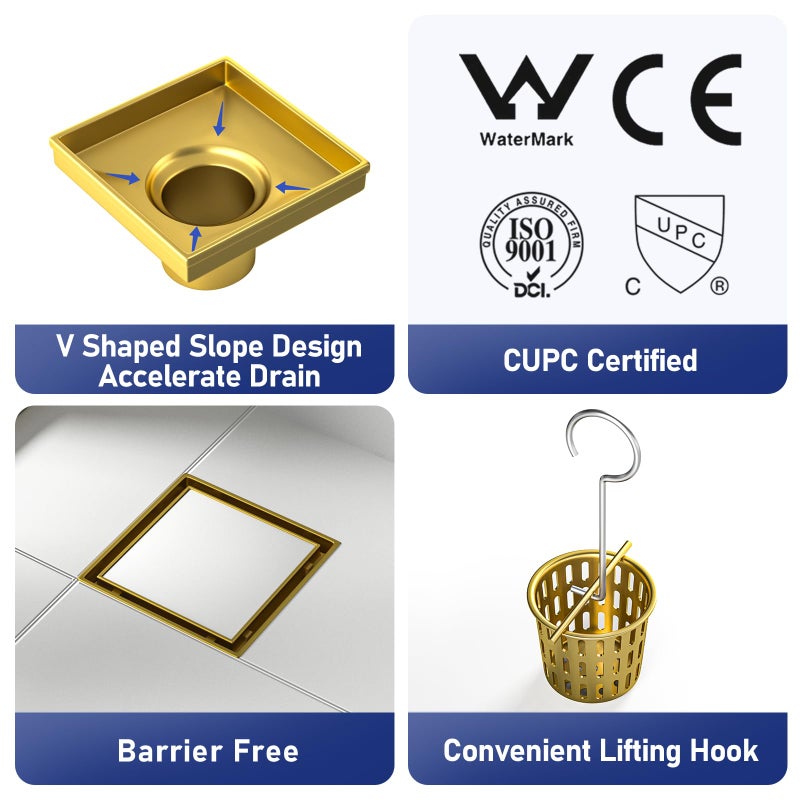 Bernkot Square Shower Drain 4""  Brushed Gold Floor Drain With Tiled Insert Grate & Hair Strainer  304 Stainless Steel Bathroom 2-In-1 Tiled In Drain  Cupc Certified (Brushed Gold  4'') - Image 2
