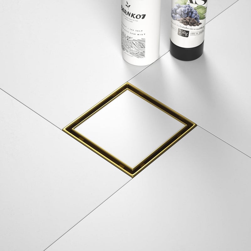 Bernkot Square Shower Drain 4""  Brushed Gold Floor Drain With Tiled Insert Grate & Hair Strainer  304 Stainless Steel Bathroom 2-In-1 Tiled In Drain  Cupc Certified (Brushed Gold  4'') - Image 1