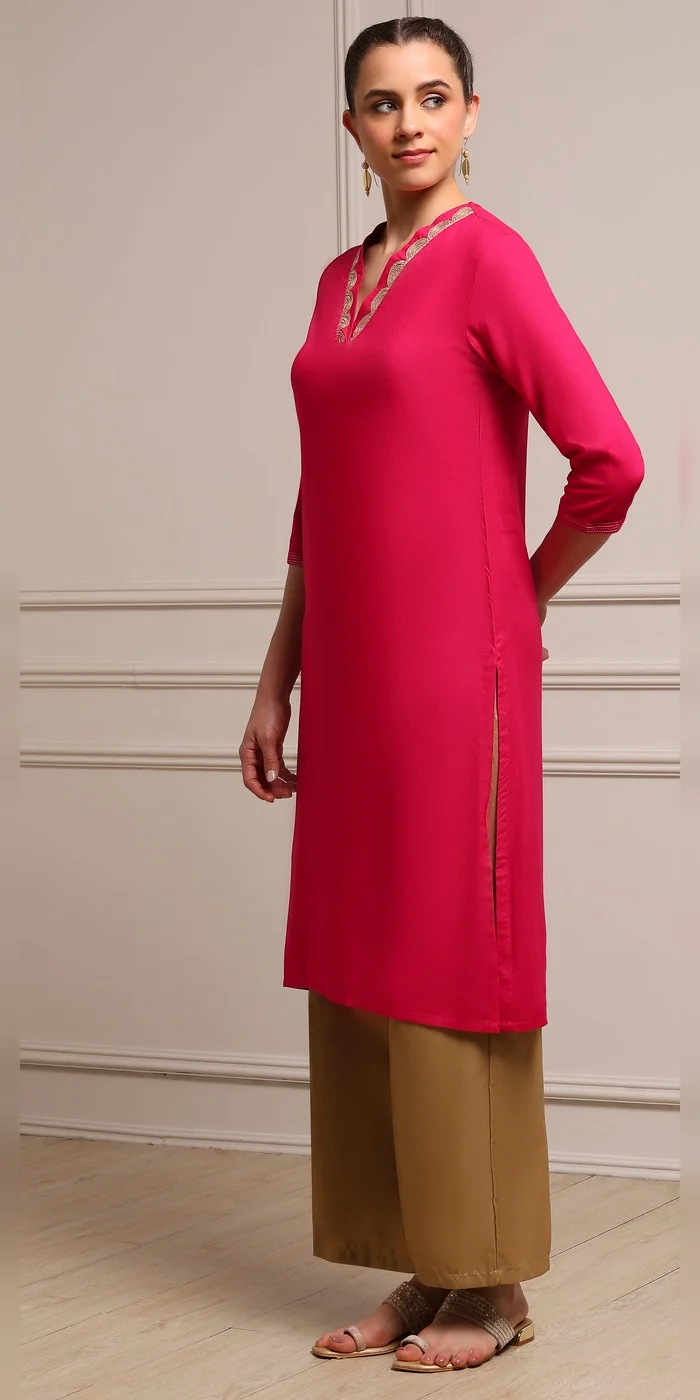 Biba  Women Fuchsia Solid Straight Kurta  | Best Price UAE