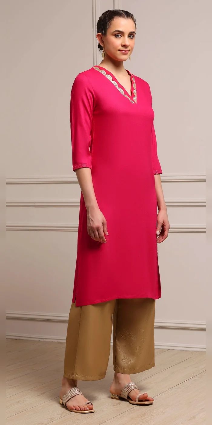 Biba  Women Fuchsia Solid Straight Kurta  | Best Price UAE