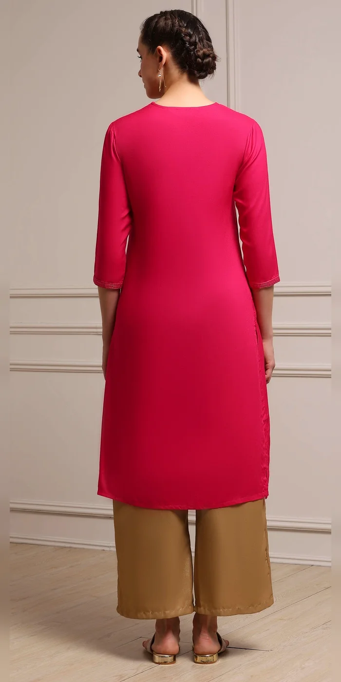 Biba  Women Fuchsia Solid Straight Kurta  | Best Price UAE