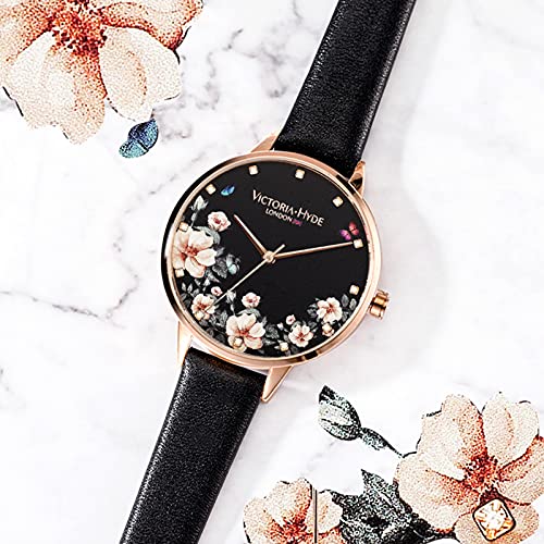 VICTORIA HYDE Watches for Women Analog Quartz Detachable Genuine Leather Strap Wristwatch with Floral Dial Rosegold Case - Image 3