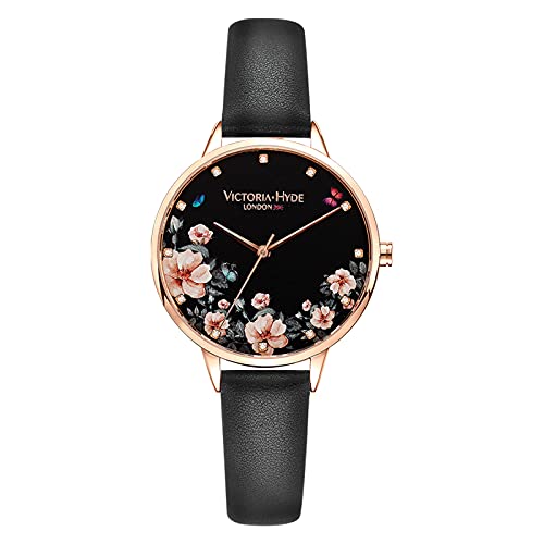 VICTORIA HYDE Watches for Women Analog Quartz Detachable Genuine Leather Strap Wristwatch with Floral Dial Rosegold Case - Image 1