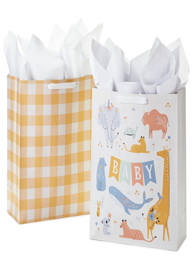 Hallmark 15" Extra Large Gift Bags with Tissue Paper (2 Bags: Baby Animals, Yellow Gingham) for Baby Showers, 1st Birthdays, Gender Reveal Parties - Image 1