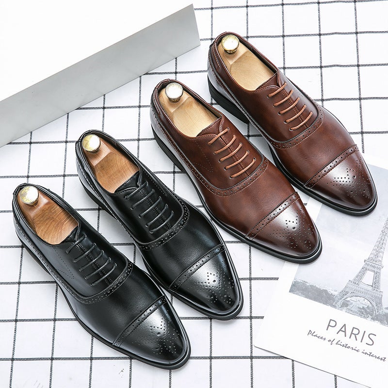 Retro British Style Men'S Pointed Toe Business Formal Leather Shoes New Lace-Up Brogue Flower Men'S Shoes Trendy Men - Image 5