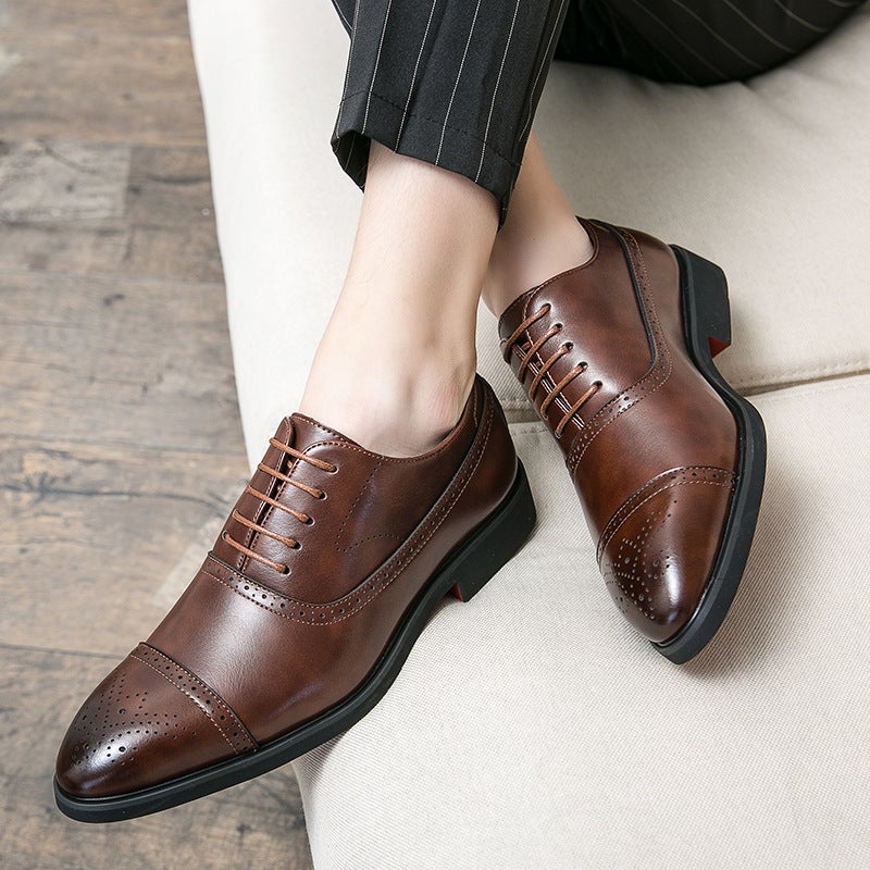 Retro British Style Men'S Pointed Toe Business Formal Leather Shoes New Lace-Up Brogue Flower Men'S Shoes Trendy Men - Image 2